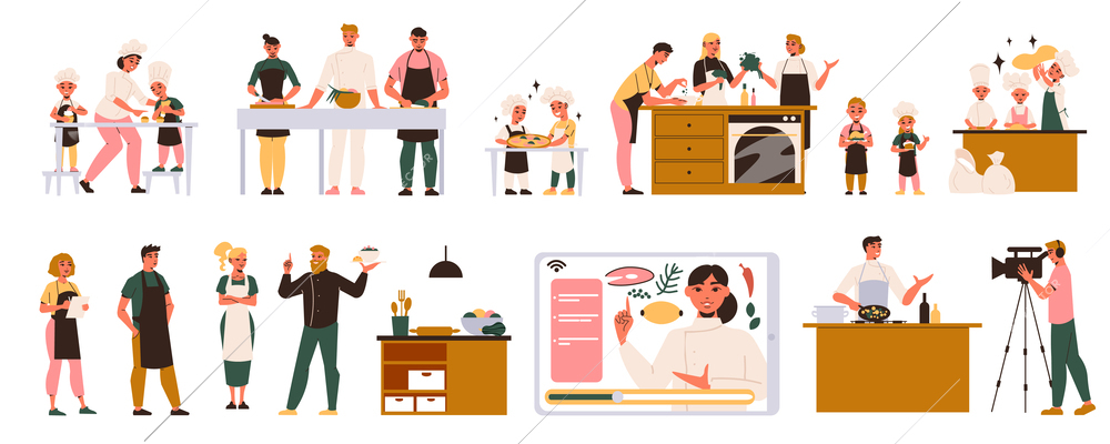 Culinary classes flat set of people in aprons preparing healthy meal in kitchen and tv studio isolated vector illustration