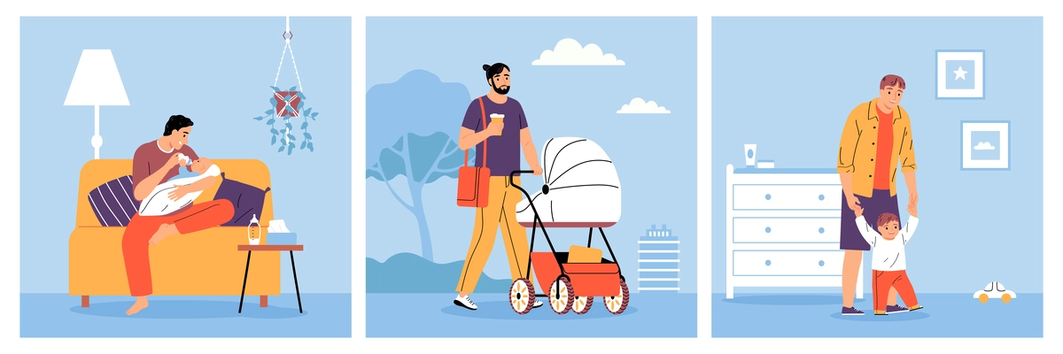 Fathers spending time with baby flat compositions set with young dads feeding and walking with little kids isolated vector illustration