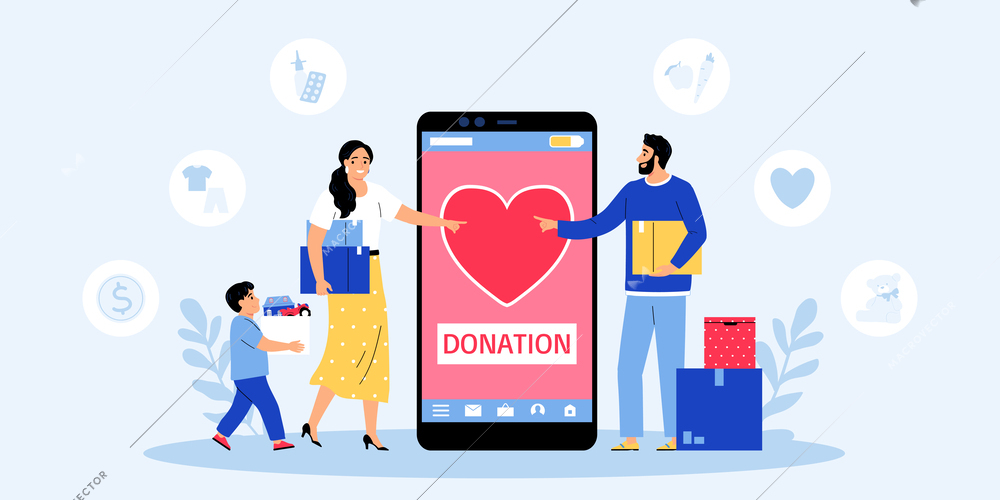 Flat charity concept with people holding boxes making donations online vector illustration