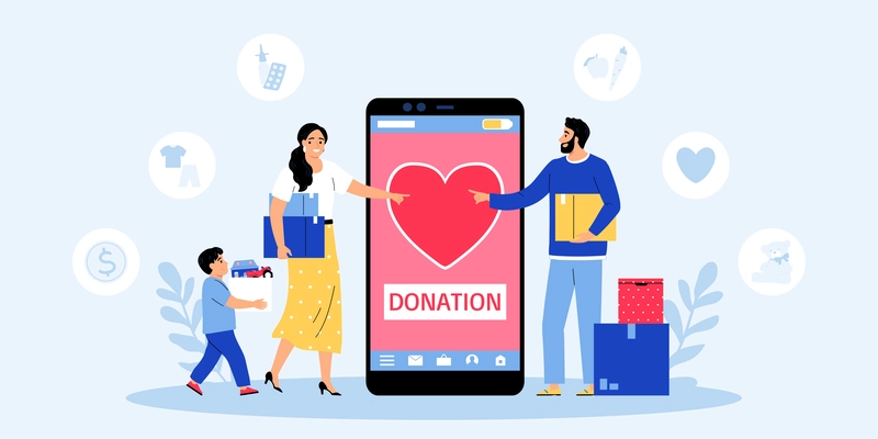 Flat charity concept with people holding boxes making donations online vector illustration