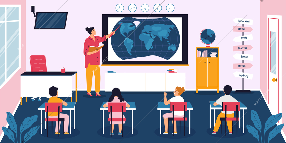 Geography school lesson classroom interior with students listening to female teacher showing them world map flat vector illustration