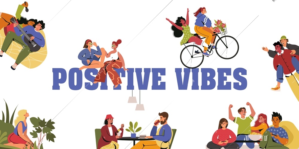 Positive vibes composition set with excited people flat isolated vector illustration