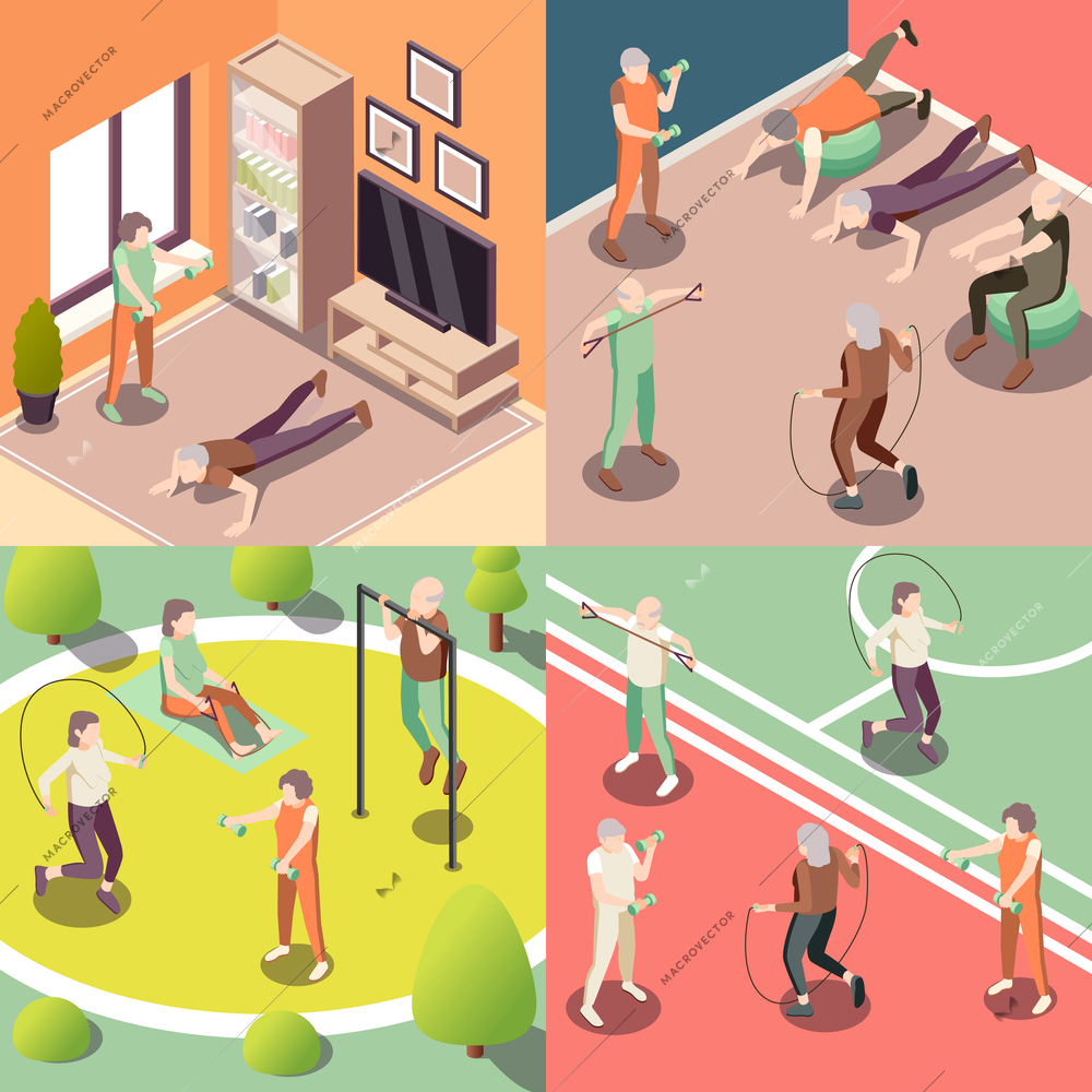 Old people fitness concept icons set with training symbols isometric isolated vector illustration