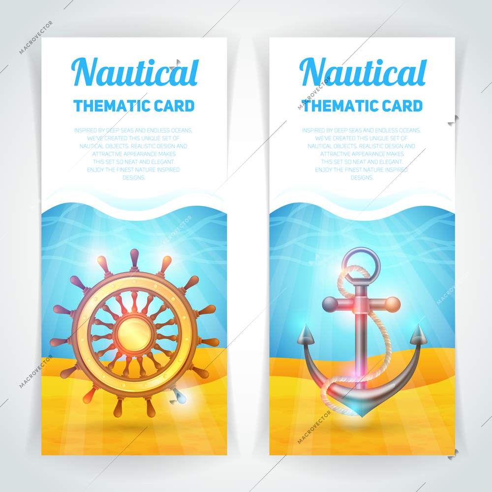 Marine vertical banner set with sailing symbols thematic card isolated vector illustration