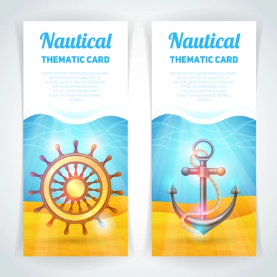 Marine vertical banner set with sailing symbols thematic card isolated vector illustration