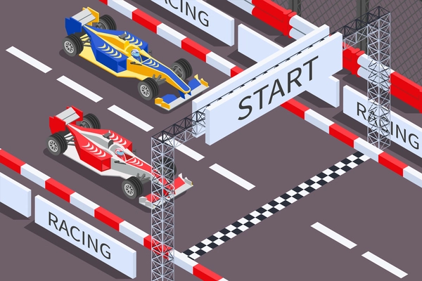 Racing isometric composition with outdoor scenery of formula race track with high speed cars start line vector illustration