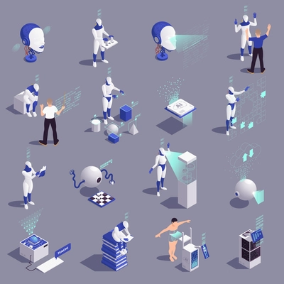 Machine learning deep learning set with isometric icons of gadgets computers and human characters teaching cyborgs vector illustration