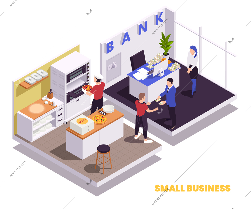 Small family business isometric composition with kitchen cooks team drawing money from bank employees in branch vector illustration