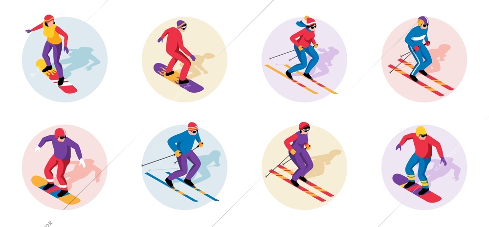 Isometric ski resort icons set with sportsmen doing extreme sports isolated vector illustration