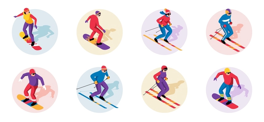 Isometric ski resort icons set with sportsmen doing extreme sports isolated vector illustration