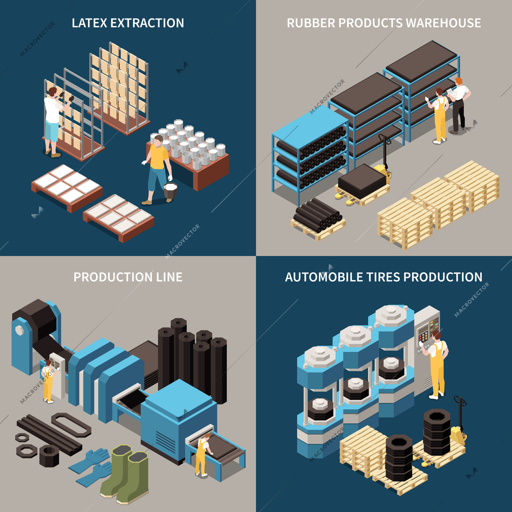 Rubber production technology 2x2 design concept set of latex extraction warehouse production line automobile tires square icons isometric vector illustration