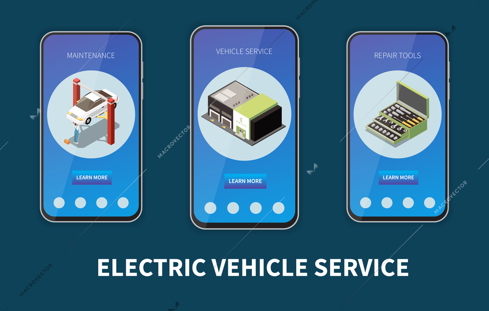 Electric vehicle service set of three smartphones with app providing information about maintenance and repair tools isometric vector illustration