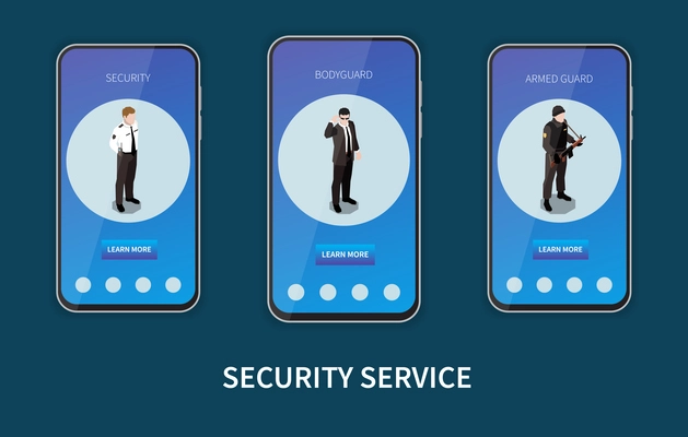 Security service set of three smartphones with mobile app providing information about bodyguards and armed guards isometric vector illustration