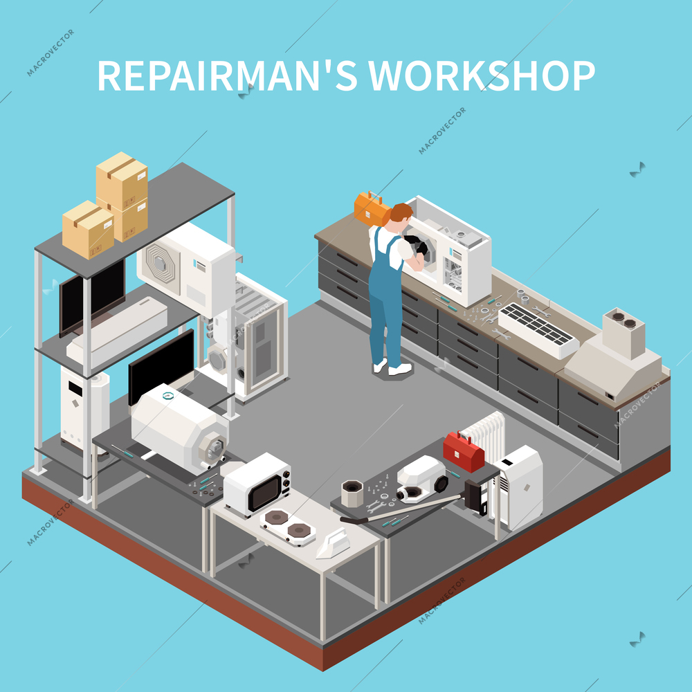 Repairman workshop isometric background with craftsman performing  repair of home appliance vector illustration