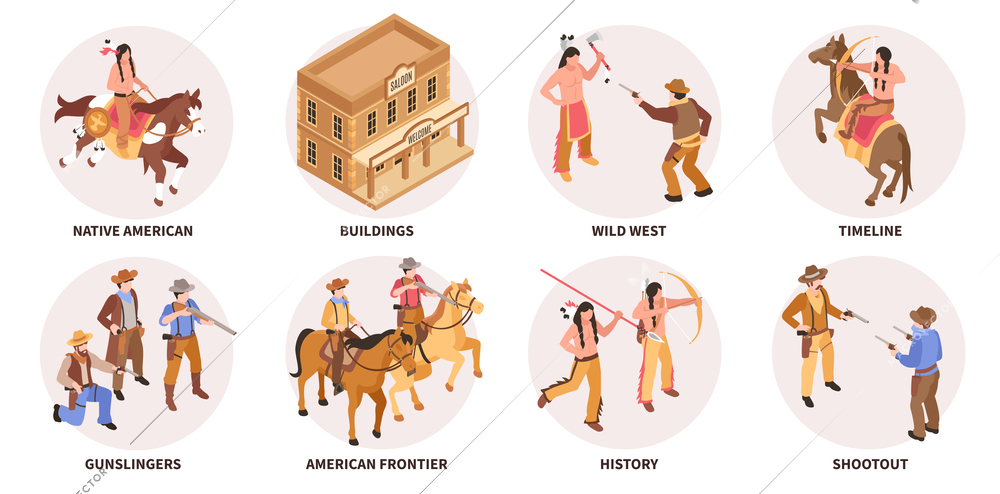 Wild west isometric compositions set with native american and gunslingers isolated vector illustration