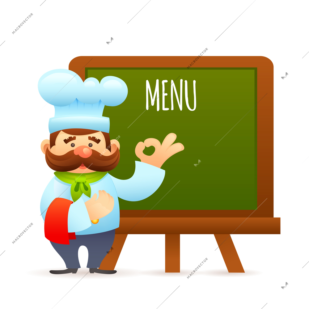 Man restaurant chef cook with menu informational billboard vector illustration