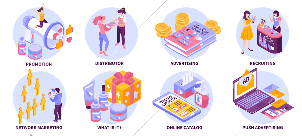 Isometric network marketing composition set with online promotion and advertising techniques isolated vector illustration