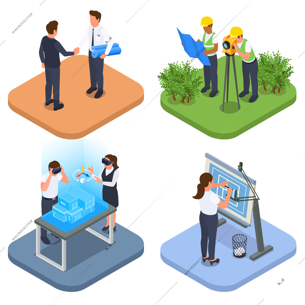 Architect construction engineer isometric set of four compositions with deal land survey visualization and drawing project vector illustration