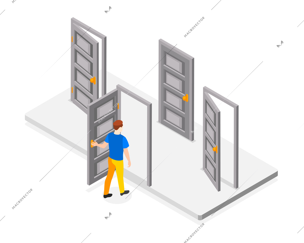 Decision making abstract isometric concept with man opening different doors vector illustration