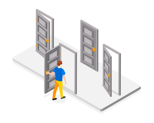 Decision making abstract isometric concept with man opening different doors vector illustration