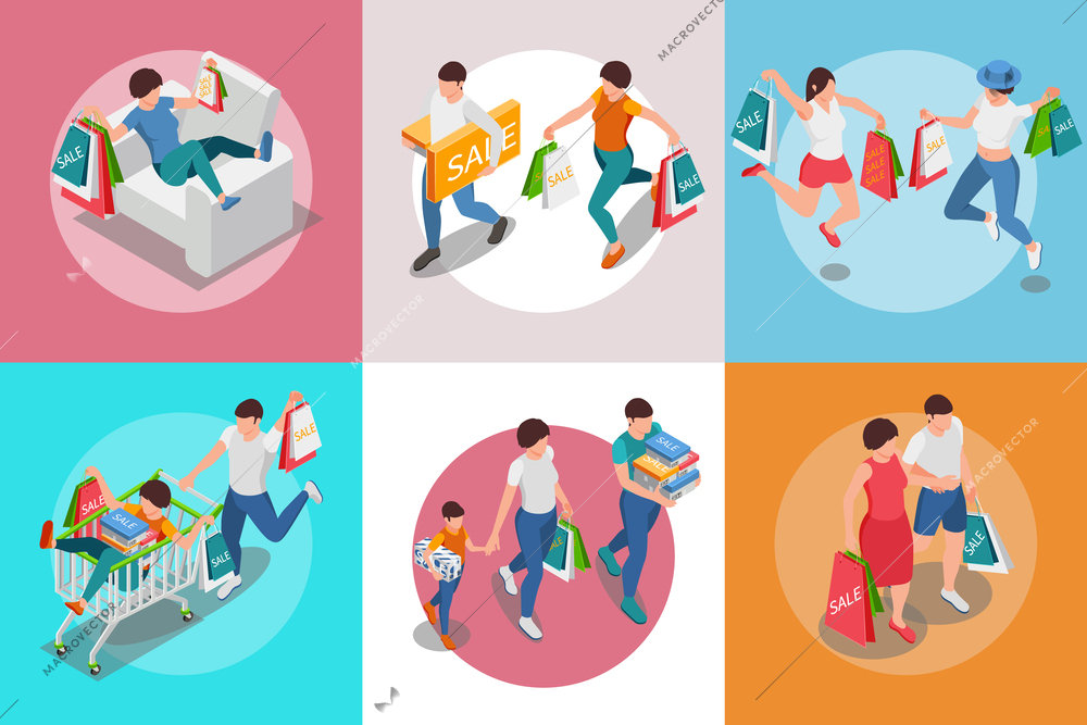 Shopping people isometric set of round compositions with human characters with purchased goods in bags boxes vector illustration