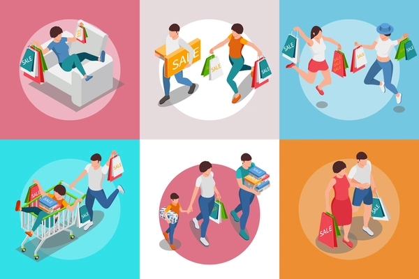 Shopping people isometric set of round compositions with human characters with purchased goods in bags boxes vector illustration