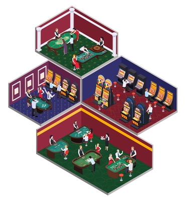 Casino isometric composition with set of room views with card game tables roulette and slot machines vector illustration