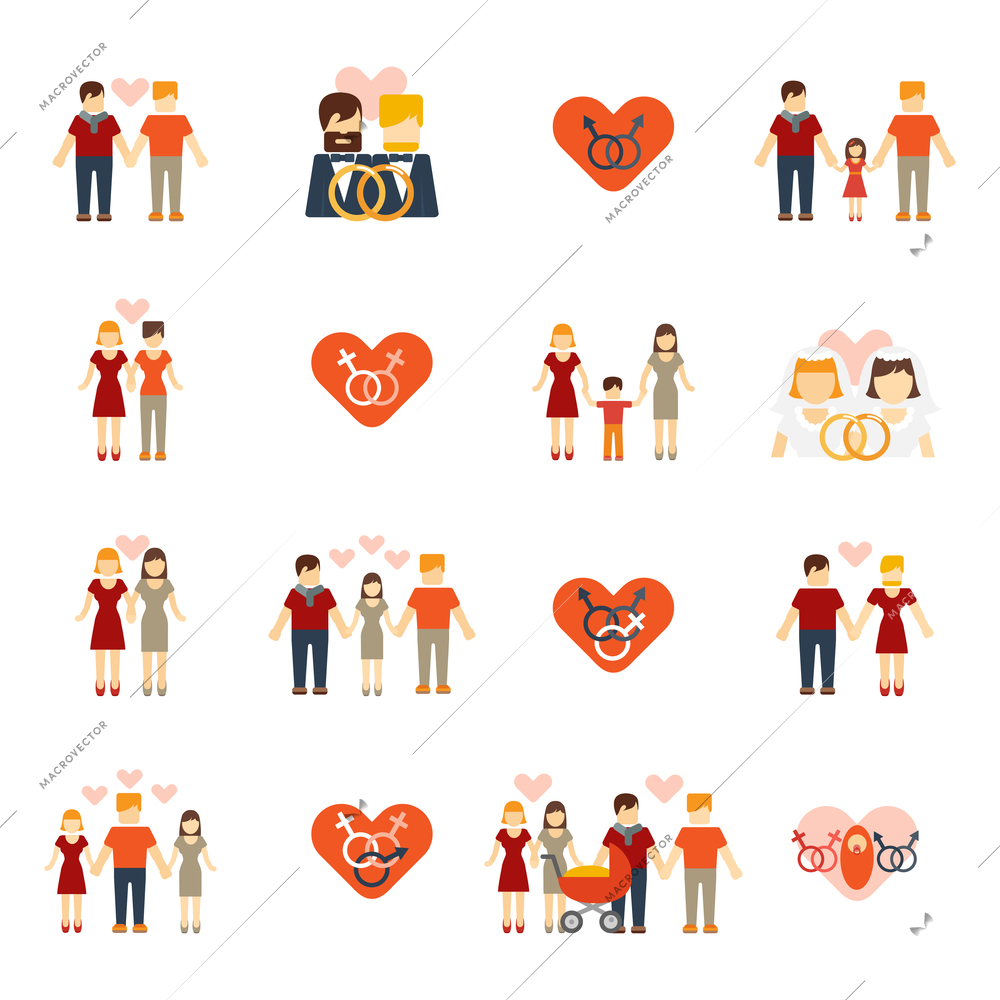 Nontraditional homosexual lesbians partners and gays couples wedding and parenting flat icons set abstract isolated vector illustrations