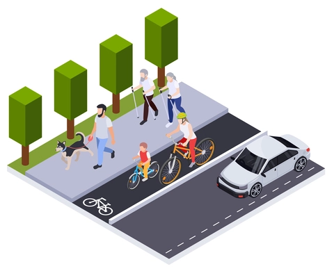 Regular sport physical activity people isometric composition with bike lane and pavement with walking human characters vector illustration