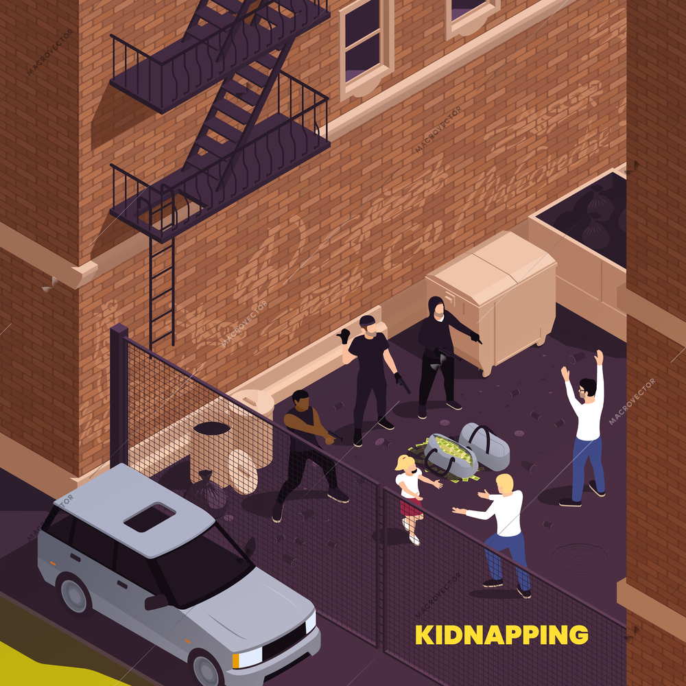 Kidnapping isometric background with group of armed gangsters demanding ransom for release of young female hostage isometric vector illustration