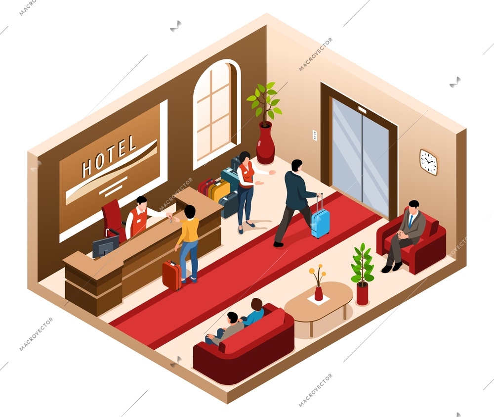 Isometric hotel lobby isolated composition with view of waiting hall with reception desk and human characters vector illustration