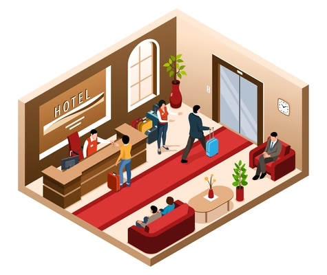 Isometric hotel lobby isolated composition with view of waiting hall with reception desk and human characters vector illustration