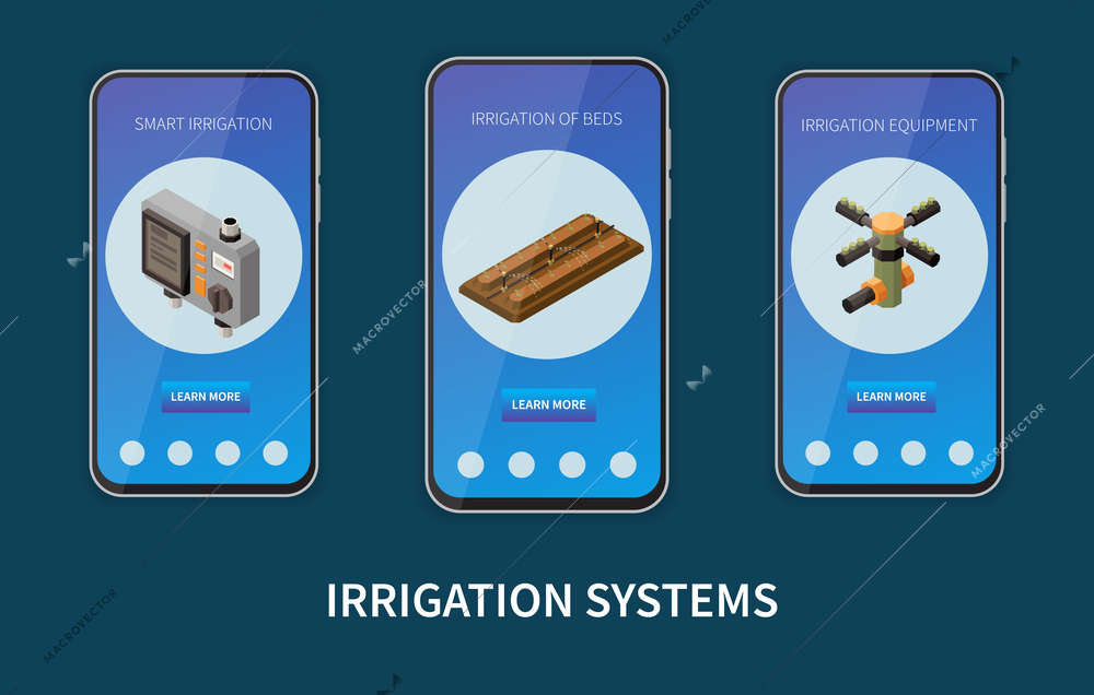 Smart irrigation systems isometric mobile app set with information about equipment for gardening vector illustration