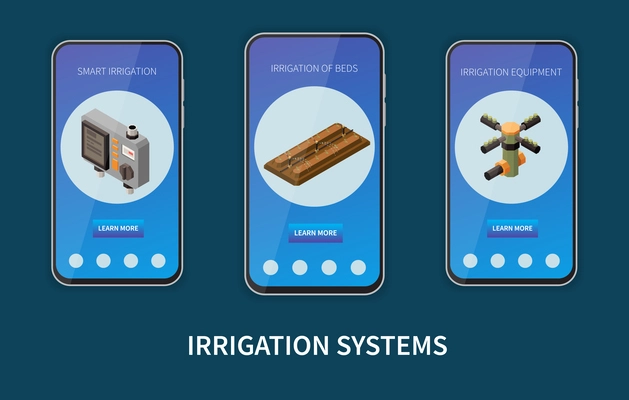 Smart irrigation systems isometric mobile app set with information about equipment for gardening vector illustration