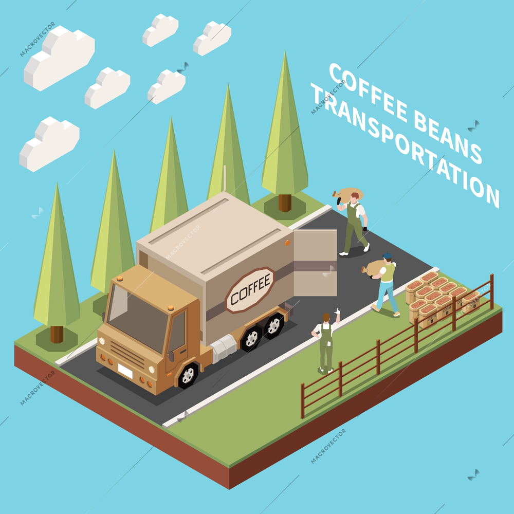 Coffee production industry isometric background with workers preparing transportation of raw packed beans vector illustration