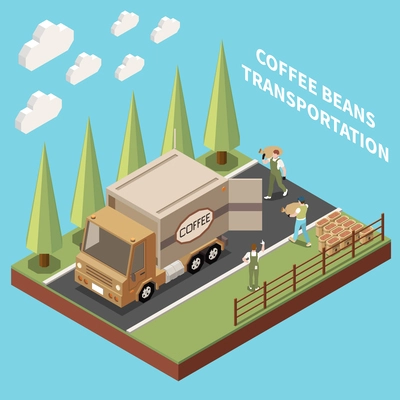 Coffee production industry isometric background with workers preparing transportation of raw packed beans vector illustration