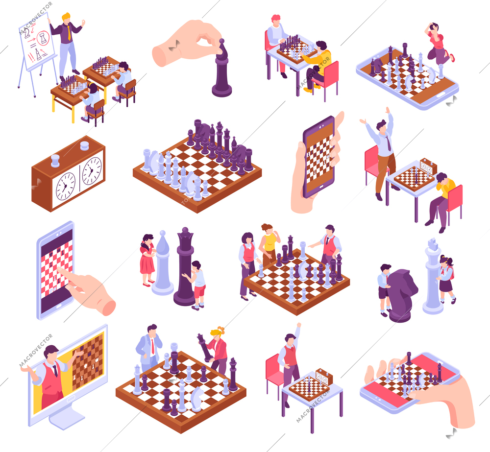 Chess isometric set with chessboard online game players children learning to play isolated 3d vector illustration