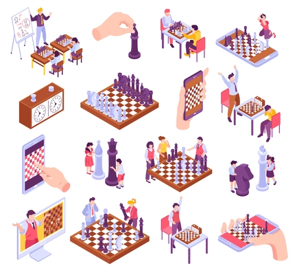 Chess isometric set with chessboard online game players children learning to play isolated 3d vector illustration