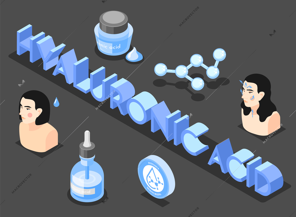 Hyaluronic acid isometric background with composition of 3d text female characters jars and drops of liquid vector illustration