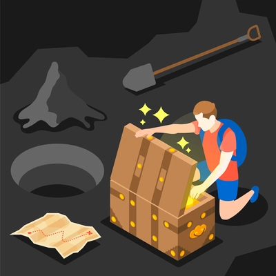 Treasure chest isometric background composition with male character opening vintage chest with map shovel and hole vector illustration