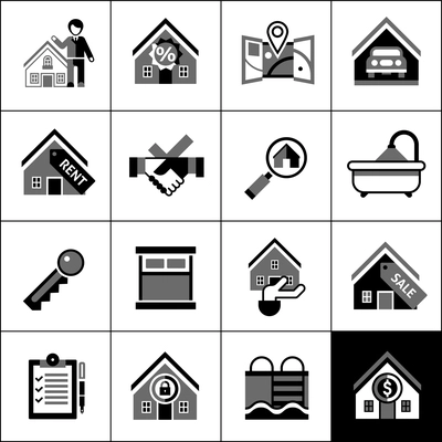 Real estate house apartment rent and sale icons black set isolated vector illustration