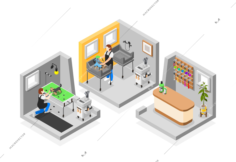 Grooming salon isometric composition of three platforms representing different rooms of pet beauty salon veterinary service vector illustration