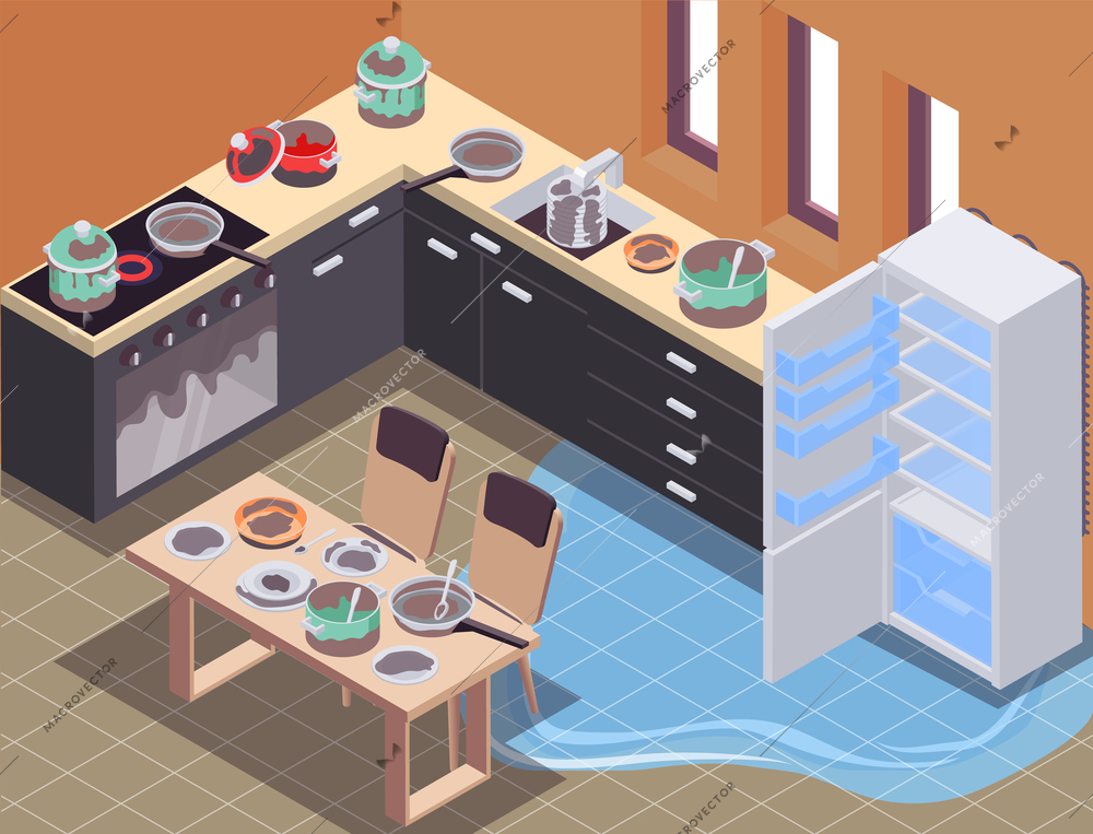 Messy kitchen isometric background with fridge and oven symbols vector illustration
