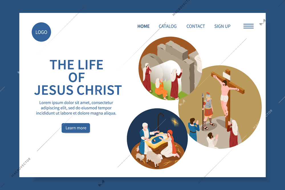 Jesus life website with catalog and contact symbols isometric vector illustration