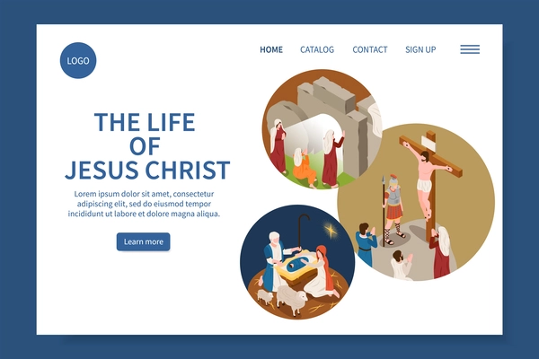 Jesus life website with catalog and contact symbols isometric vector illustration