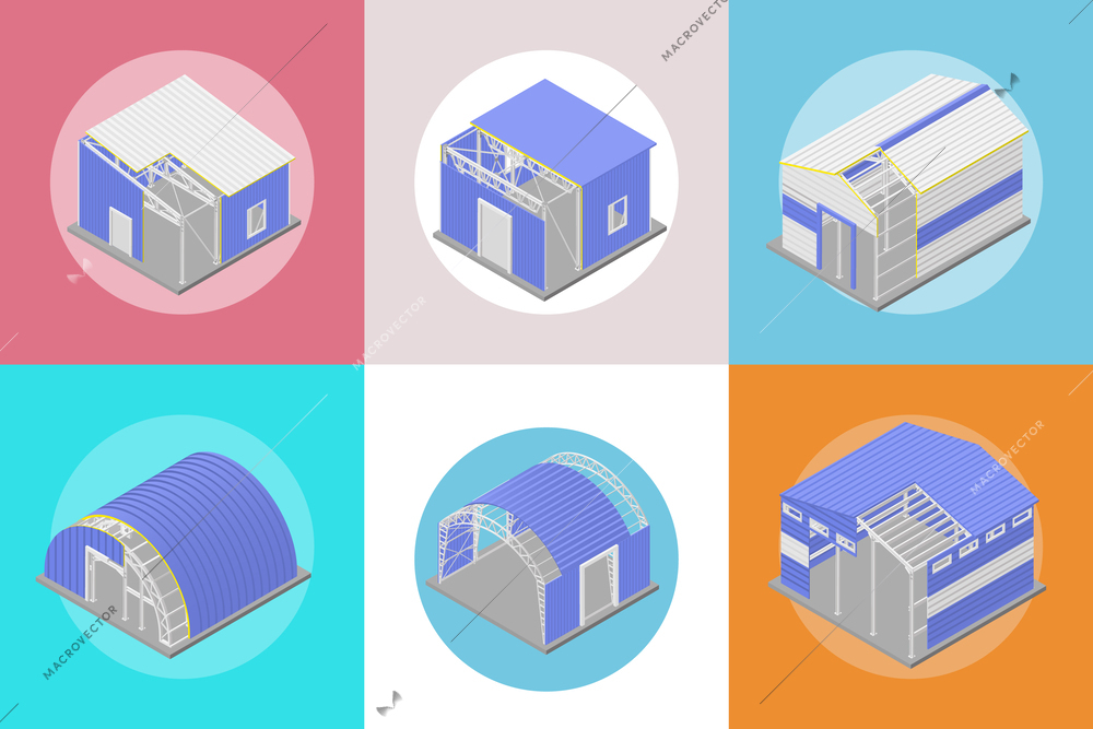 Metal constructions square set with industrial cityscape symbols isometric isolated vector illustration
