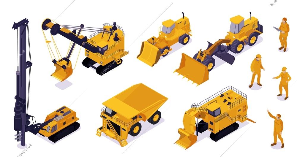 Isometric mining set with isolated images of heavy machinery units yellow bulldozers excavators on blank background vector illustration