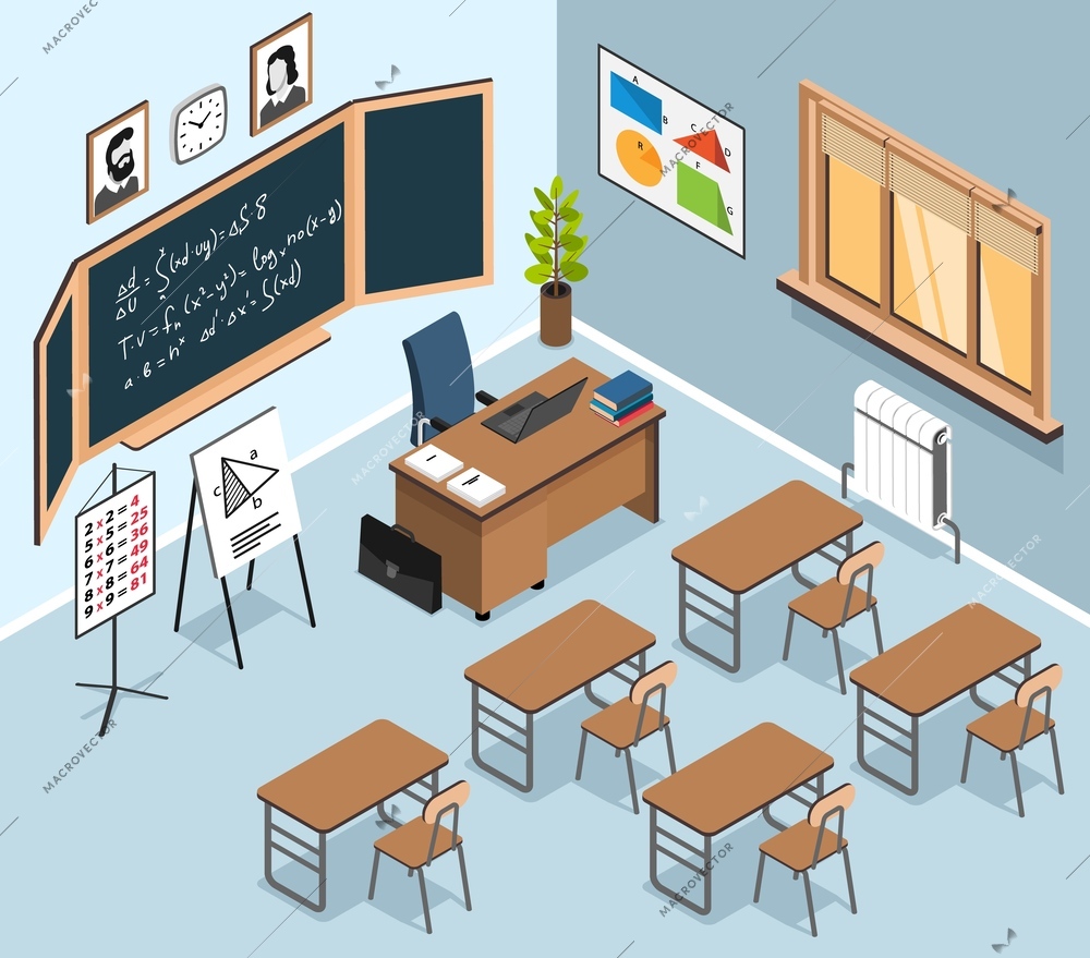 Isometric math class interior composition with indoor view of desks chairs blackboard with formulas and charts vector illustration