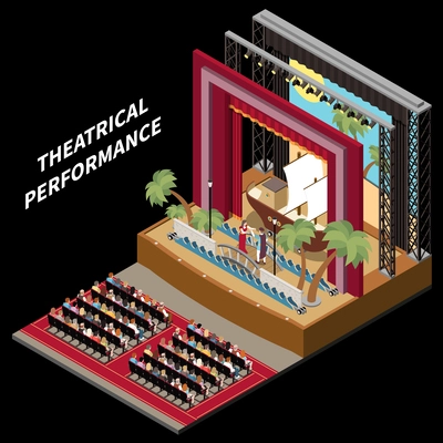 Theatre interior stage isometric concept with classical drama performance vector illustration