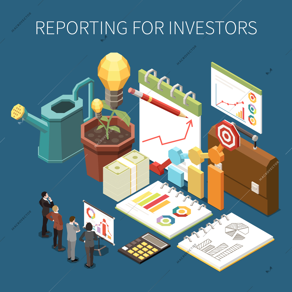 Crowdfunding and fundraising isometric concept with investor financial reports vector illustration